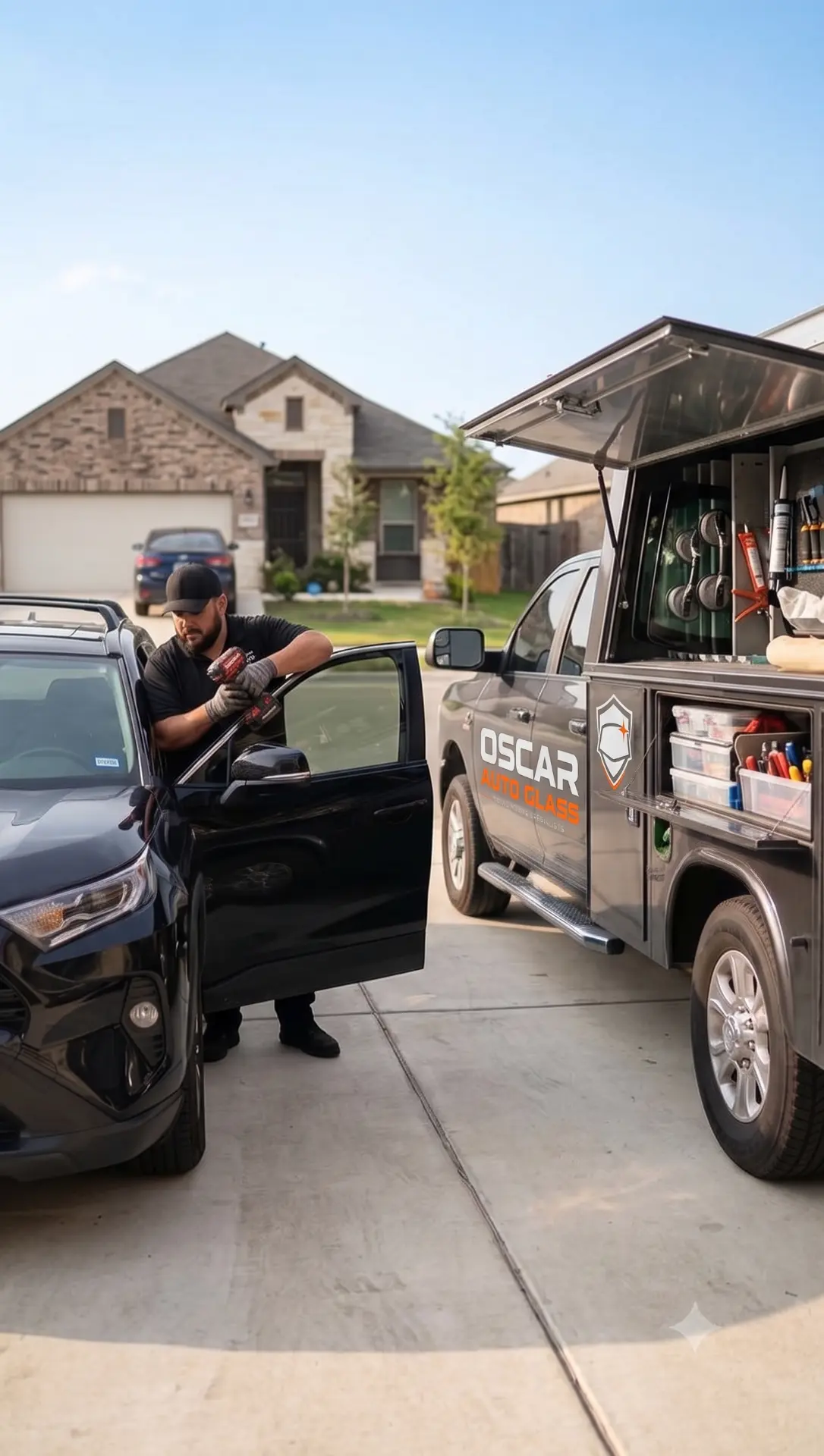 Oscar Auto Glass technician working on a vehicle door window beside the fully stocked Oscar Auto Glass service truck in an Austin driveway